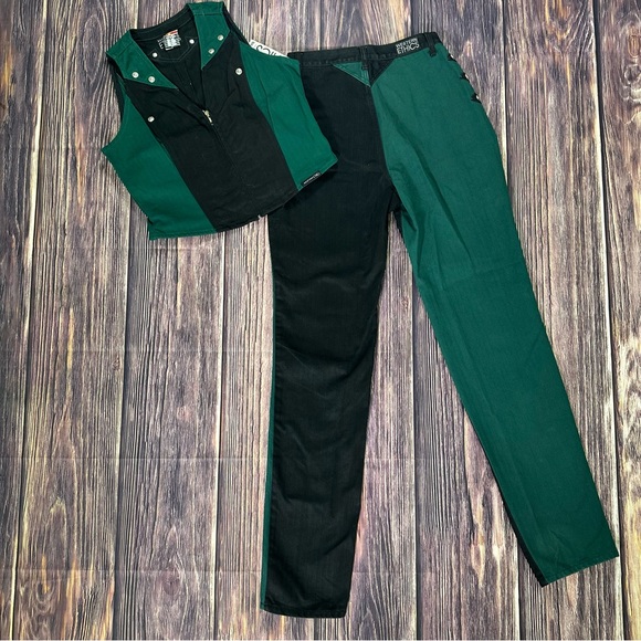 Women’s Vintage Western Ethics 2 Tone Black & Green Pants & Vest Set - Picture 2 of 12